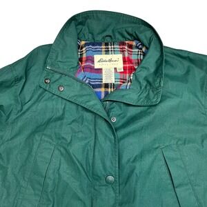 VTG Eddie Bauer Womens Green Field Jacket Plaid Wool Lined Utility Coat Small